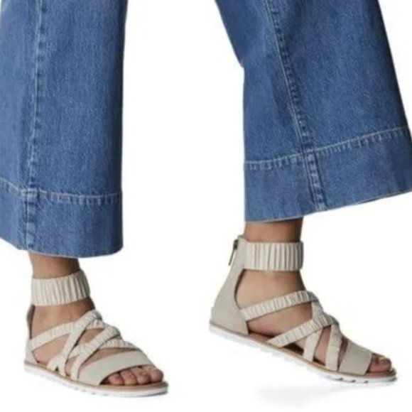 Sorel Ella II Ankle Strap Sandals Leather Flats Soft Taupe Size 9 NEW - Picture 1 of 7